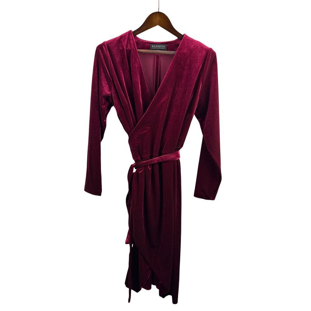 Women’s Eloquii Size 16 Garnet Red Velvet Long Sleeve Wrap Dress